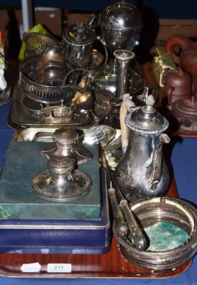 Lot 212 - Two trays of assorted silver plate, mother-of-pearl dessert cutlery, pair of silver handled...