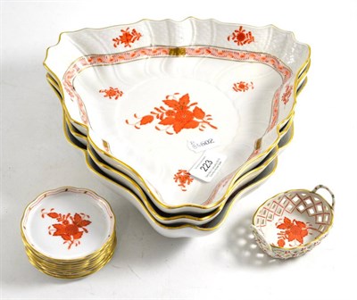 Lot 223 - # Three Herend china triangular shaped serving dishes, miniature basket and nine small circular...