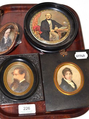 Lot 226 - Miniature of Charles Dickens, two other miniatures and a pot lid of the late Price Consort