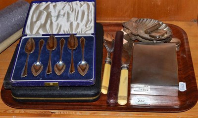 Lot 232 - Quantity of mixed silver, cigarette case, shell butter dishes, coffee spoons, etc