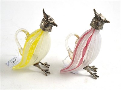 Lot 240 - ^ Pair of Continental glass decanters in the form of birds, one with a yellow lace design glass...