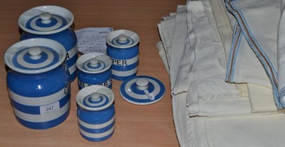 Lot 247 - Quantity of assorted pillow cases, bed sheets, five Cornish ware blue and white jars and a...