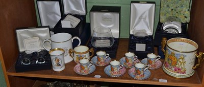 Lot 254 - A shelf of Royal commemorative items including cased Caithness engraved limited edition glass ware