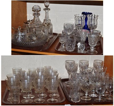 Lot 263 - Four trays of assorted glassware including engraved Edwardian glasses, two decanters, jugs, biscuit