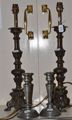 Lot 283 - A pair of table lamps in 17th century style and a pair of pewter candlesticks (4)