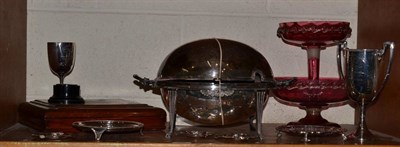 Lot 286 - Assorted silver and plate including two trophy cups, two waiters, fruit eating set, warming dish, a