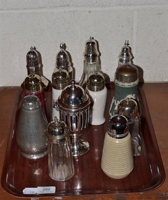 Lot 289 - Thirteen sugar casters, comprising: glass twelve straight sides EPNS top; Bramley ware beige...