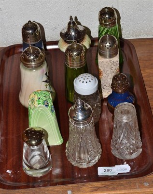 Lot 290 - Twelve sugar casters, comprising: cut glass/bass and top; cut glass silver top hallmark 1948...