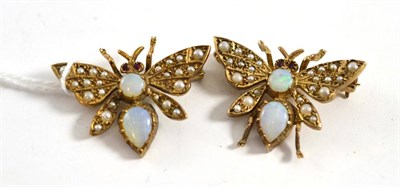 Lot 300 - Two 9ct gold opal and seed pearl bug brooches, with ruby set eyes, each measures 2.9cm by 2.2cm