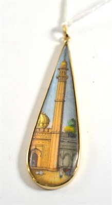 Lot 309 - An Indian style miniature pendant, the drop shaped pendant of a temple and monument, in a plain...