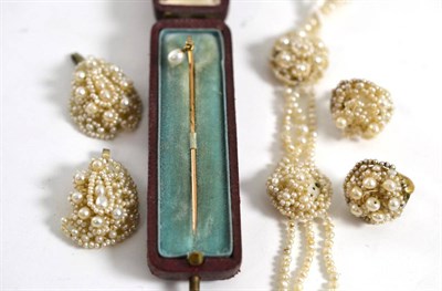 Lot 313 - A seed pearl necklace and pair of earrings, plus drops, (all a.f.) and a diamond and pearl...