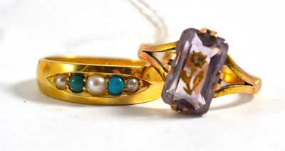 Lot 318 - A turquoise and seed pearl ring, in a plain band, finger size N and an amethyst ring, inlaid with a