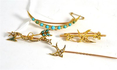 Lot 323 - A seed pearl set swallow stick pin, a seed pearl set swallow bar brooch, a turquoise and rose...