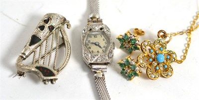 Lot 326 - An Art Deco diamond set cocktail watch (a.f.), a turquoise and seed pearl pendant on chain, a...