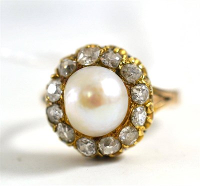 Lot 328 - A pearl and diamond cluster ring, the pearl within a border of old cut diamonds in yellow claw...