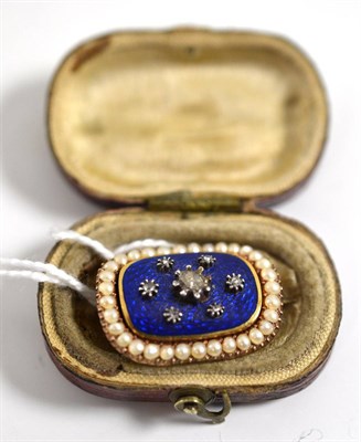 Lot 347 - A mourning brooch, of blue enamel inset with rose cut diamonds within a border of split pearls,...