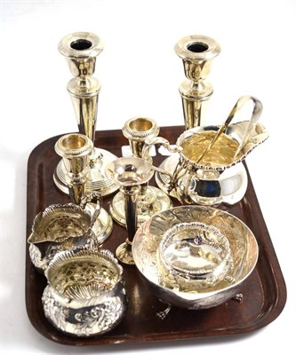 Lot 358 - Two pairs of candlesticks, Victorian silver cream and sugar, posy vase, salt, etc