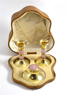 Lot 370 - Pair of silver gilt and agate candlesticks and an inkwell, boxed