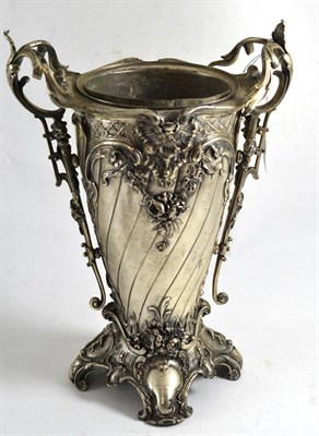 Lot 372 - ^ Continental silver plated twin handled tapering vase with removable liner, 35cm high