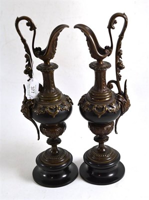 Lot 377 - ^ Pair of late 19th century Renaissance style bronzed ewers, 35cm high