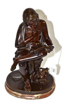 Lot 384 - ^ Bronze figure modelled as a scholar, raised on an oval marble base, 30cm high