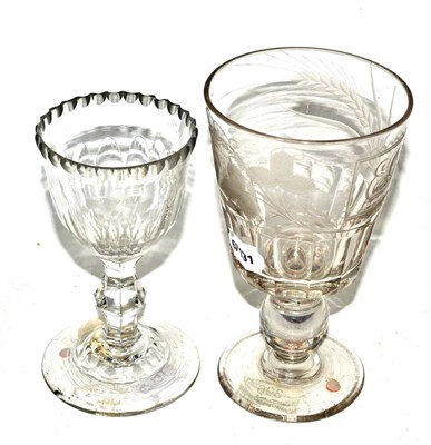 Lot 396 - A late 18th century facet cut sweet meat glass and a Regency coin goblet with etched decoration...