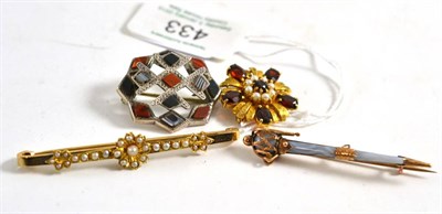 Lot 433 - Four brooches including a hardstone set dirk brooch, a seed pearl floral bar brooch, a...