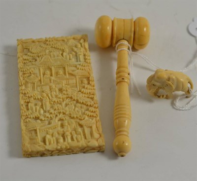 Lot 437 - Circa 1900 ivory gavel, carved ivory card case and an ivory elephant