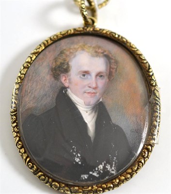 Lot 445 - Oval miniature portrait of a gentleman, bearing initials 'G H', verso inscribed 'G W' with a...