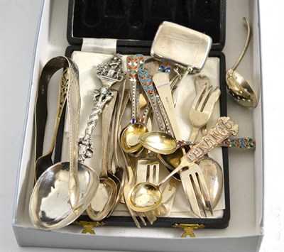 Lot 453 - Set of six silver and enamel teaspoons, a silver vesta, silver forks and teaspoons etc