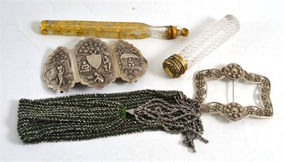 Lot 475 - White metal three piece buckle, filigree buckle, two scent bottles and a Miser's purse