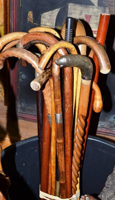 Lot 482 - A bundle of assorted walking sticks, some with silver collars and carved handles