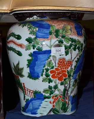 Lot 504 - A Chinese famille verte large vase painted with a phoenix and kylin on a fence veranda near...