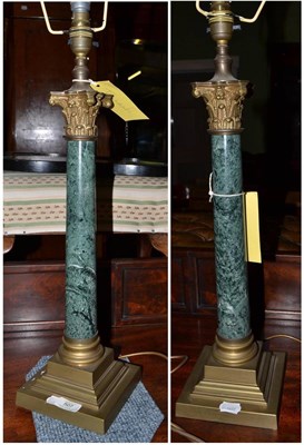 Lot 507 - # Pair of brass and green marble table lamps, height excluding light switch 50cm