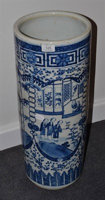 Lot 526 - Chinese blue and white cylindrical stick stand painted with figures and landscapes, 60cm high