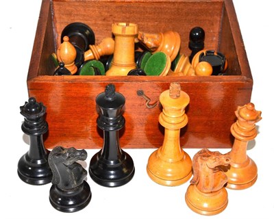 Lot 534 - Chess set in mahogany box (some pieces stamped Jacques), king 10cm high