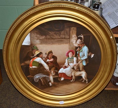 Lot 559 - Large Continental over painted porcelain plaque depicting figures and a woodcutter in an...