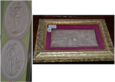 Lot 567 - Pair of plaster plaques of Hercules and Orpheus and a composition panel