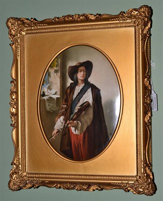 Lot 580 - A Berlin porcelain oval plaque, late 19th century, painted with a 17th century musician holding...