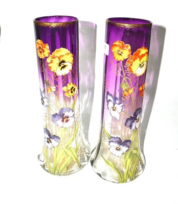 Lot 603 - A pair of Moser glass vases richly enamelled with pansies