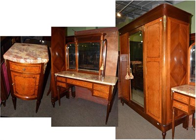 Lot 674 - Late 19th century French mahogany and burr walnut bedroom suite comprising wardrobe, marble top...