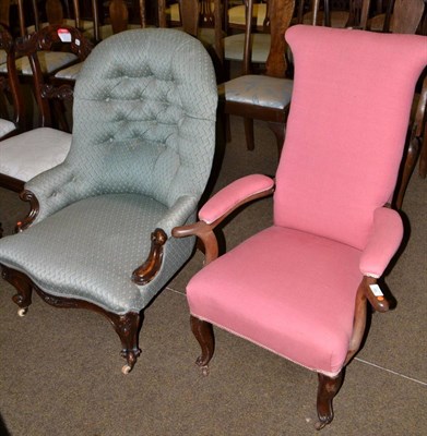 Lot 722 - Victorian armchair, later recovered in green and a Victorian open armchair recovered in pink fabric