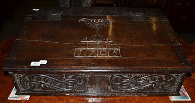 Lot 741 - Oak bible box carved with initials M H? 1705