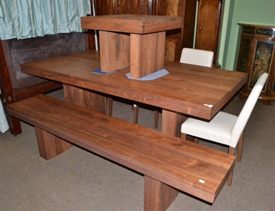 Lot 760 - Modern walnut dining table with matching bench, coffee table and four leather dining chairs