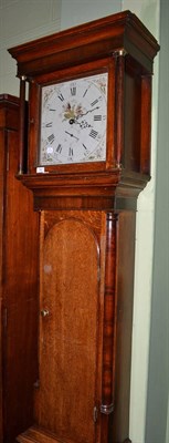 Lot 762 - An oak thirty hour longcase clock, circa 1800, flat top pediment, 12-inch painted dial, date...