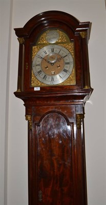 Lot 785 - A mahogany eight day longcase clock, arched hood, Corinthian stop fluted columns, 12-inch...