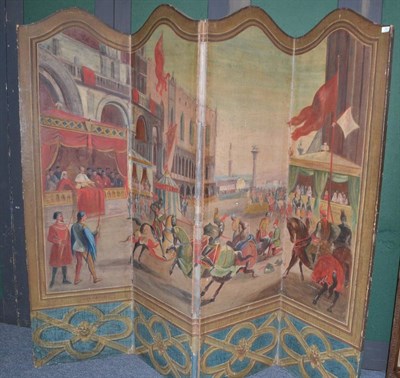 Lot 790 - A four-leaf folding screen depicting a Medieval scene of Venice with soldiers on horseback