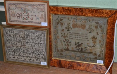 Lot 1050 - An 1837 needlework sampler in a birds eye maple frame and two smaller samplers (3)