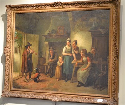 Lot 1057 - Jan Jacobus Matthijs Damschroder (1825-1905) Interior scene with a family watching a piper and...