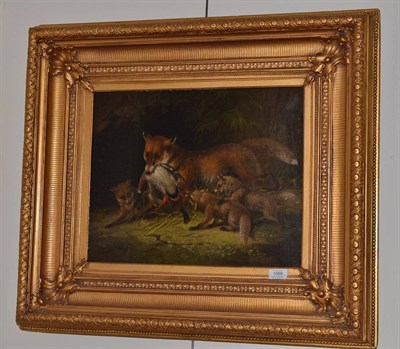 Lot 1069 - British School (19th century) Vixen with cubs, oil on canvas, 37cm by 46.5cm